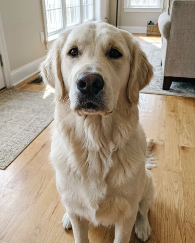 Example photo of a young cream golden retriever on a wooden floor