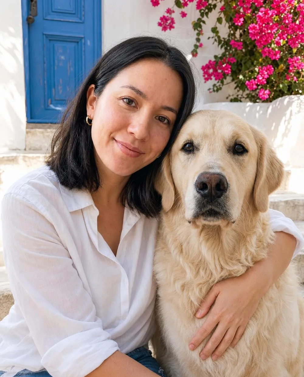 Example AI portrait of the woman hugging her golden retriever on sunny white stone steps with a blue door and pink flowers
